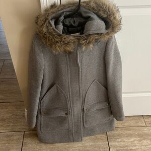 J. Crew Factory Gray Hooded Coat with Faux Fur Trim